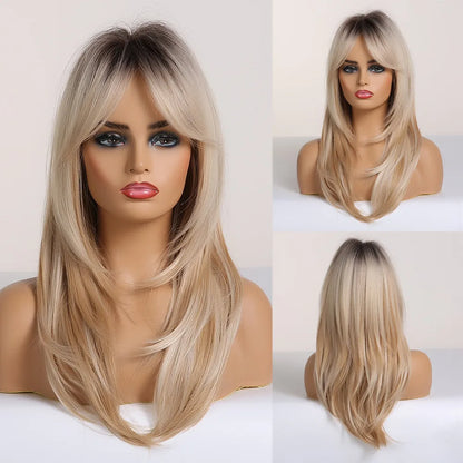 Chestnut Brown Synthetic Wig with Bangs Long Straight Wig Natural Layered Hair Smooth Soft Daily Wig Heat Resistant