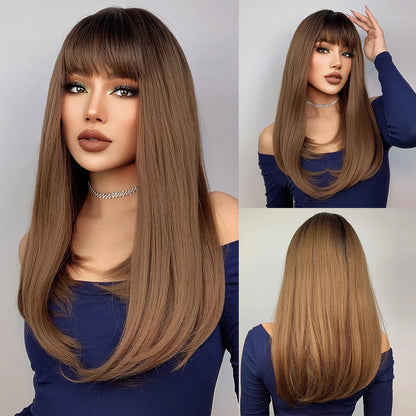 Chestnut Brown Synthetic Wig with Bangs Long Straight Wig Natural Layered Hair Smooth Soft Daily Wig Heat Resistant