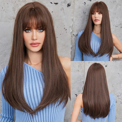 Chestnut Brown Synthetic Wig with Bangs Long Straight Wig Natural Layered Hair Smooth Soft Daily Wig Heat Resistant