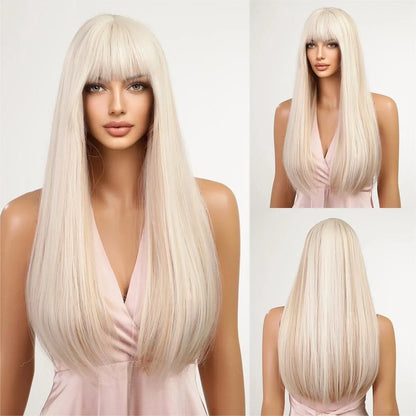Chestnut Brown Synthetic Wig with Bangs Long Straight Wig Natural Layered Hair Smooth Soft Daily Wig Heat Resistant