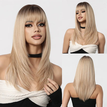 Chestnut Brown Synthetic Wig with Bangs Long Straight Wig Natural Layered Hair Smooth Soft Daily Wig Heat Resistant