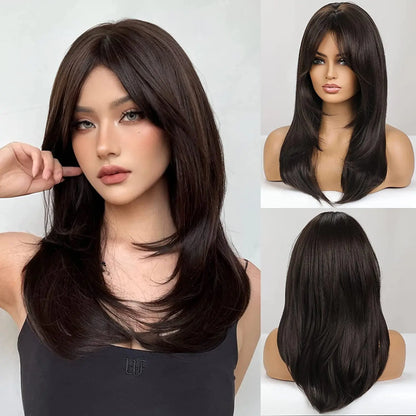 Chestnut Brown Synthetic Wig with Bangs Long Straight Wig Natural Layered Hair Smooth Soft Daily Wig Heat Resistant