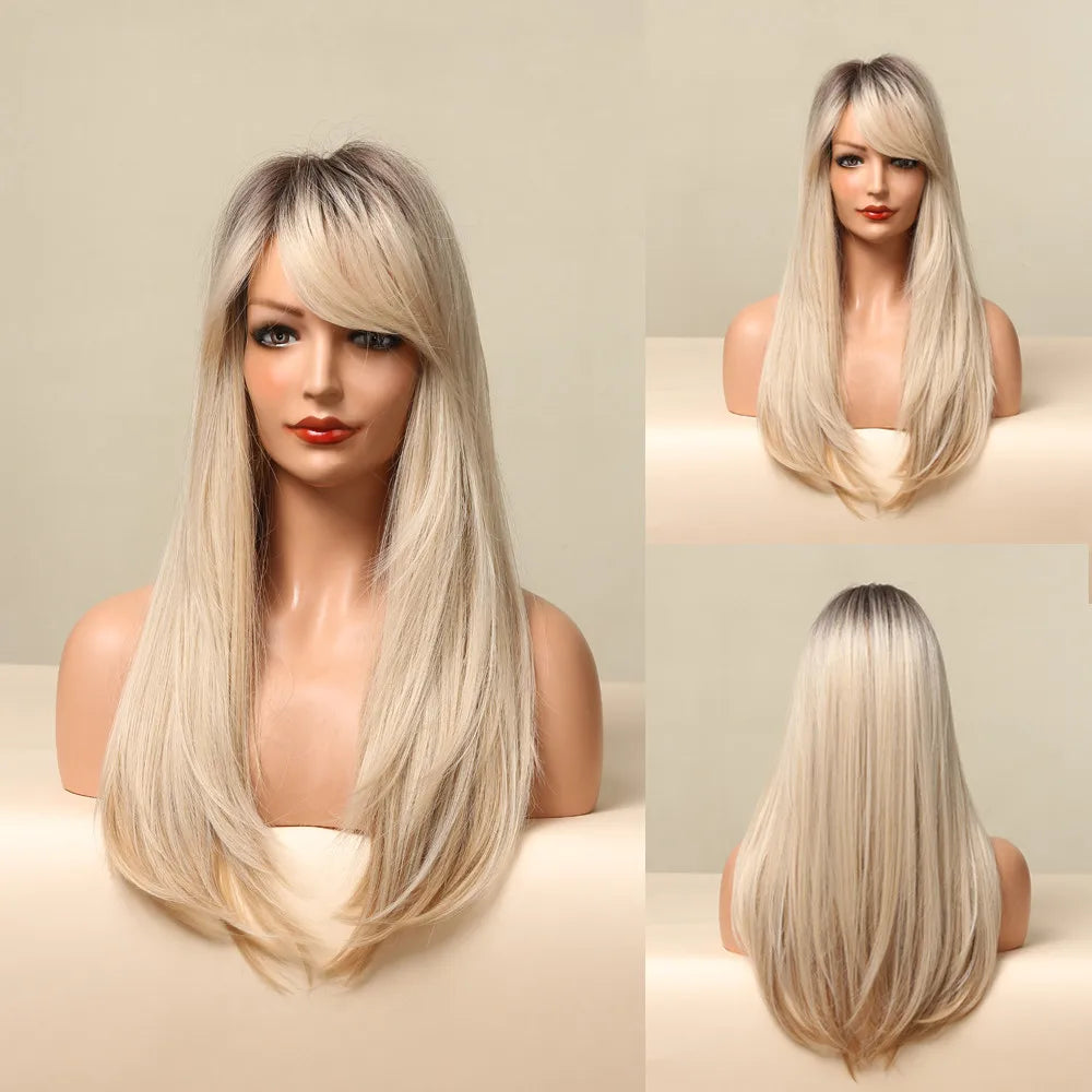Chestnut Brown Synthetic Wig with Bangs Long Straight Wig Natural Layered Hair Smooth Soft Daily Wig Heat Resistant