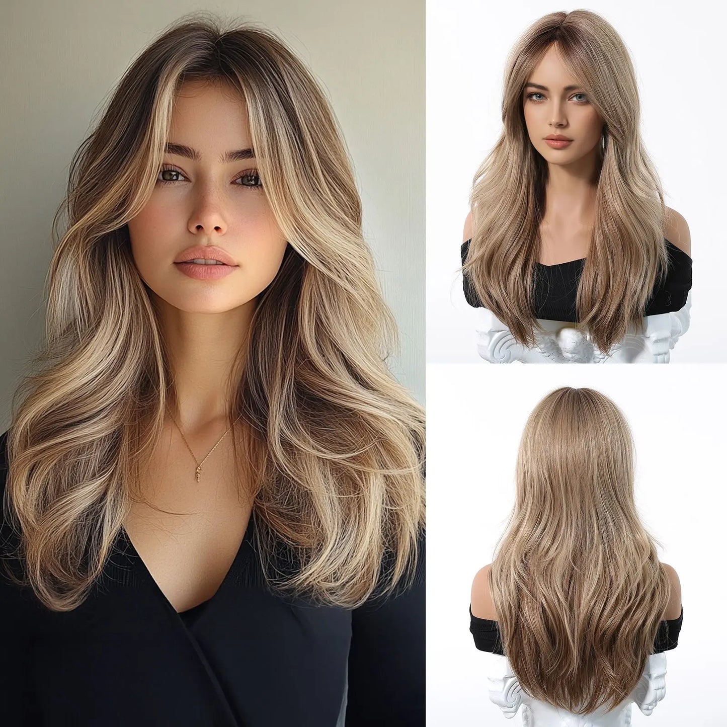 Elegant Curly Wave Ash Blonde Wig Synthetic Hair with Bangs Long Women Party Cospaly Wig 100% Tang Long Heat Resistant Fiber