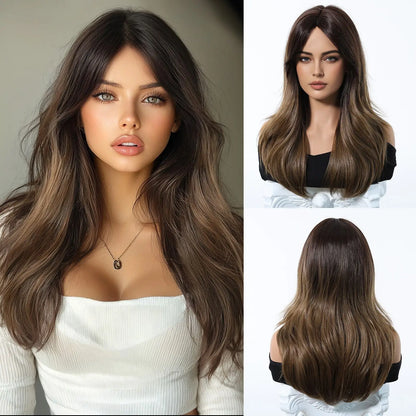 Elegant Curly Wave Ash Blonde Wig Synthetic Hair with Bangs Long Women Party Cospaly Wig 100% Tang Long Heat Resistant Fiber