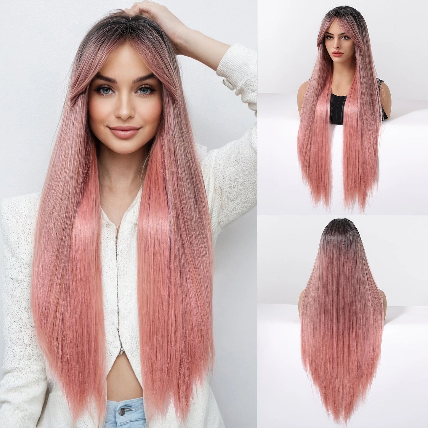 Chestnut Brown Synthetic Wig with Bangs Long Straight Wig Natural Layered Hair Smooth Soft Daily Wig Heat Resistant