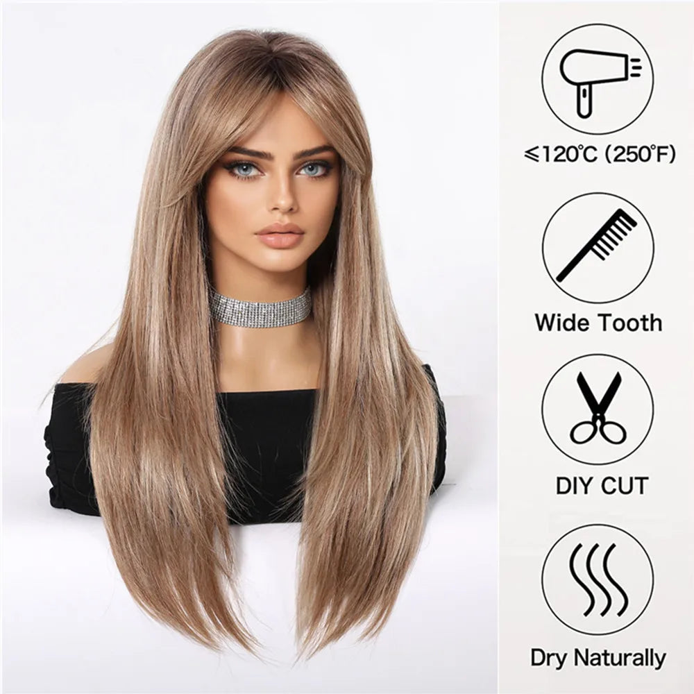 Chestnut Brown Synthetic Wig with Bangs Long Straight Wig Natural Layered Hair Smooth Soft Daily Wig Heat Resistant