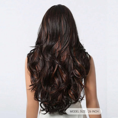 Long Curly Brown Wig with Highlights –  Heat-Resistant for Daily Wear