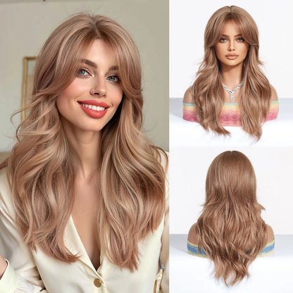 Elegant Curly Wave Ash Blonde Wig Synthetic Hair with Bangs Long Women Party Cospaly Wig 100% Tang Long Heat Resistant Fiber
