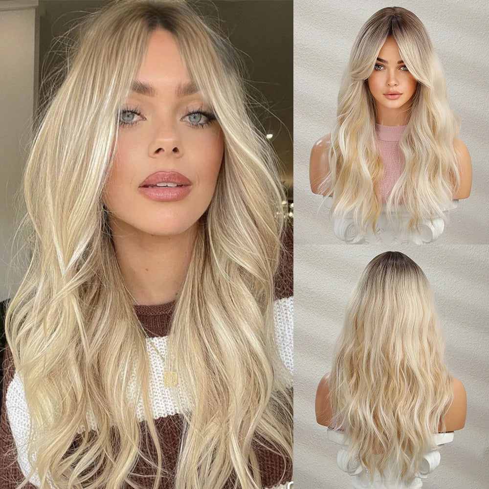 Elegant Curly Wave Ash Blonde Wig Synthetic Hair with Bangs Long Women Party Cospaly Wig 100% Tang Long Heat Resistant Fiber