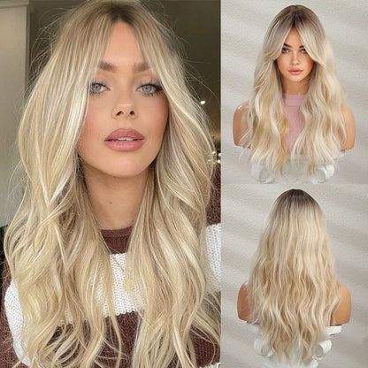 Elegant Curly Wave Ash Blonde Wig Synthetic Hair with Bangs Long Women Party Cospaly Wig 100% Tang Long Heat Resistant Fiber