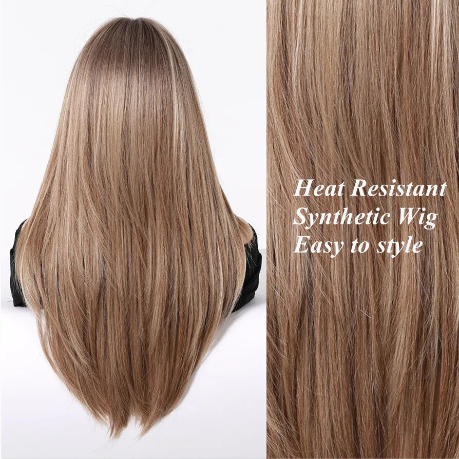 Chestnut Brown Synthetic Wig with Bangs Long Straight Wig Natural Layered Hair Smooth Soft Daily Wig Heat Resistant