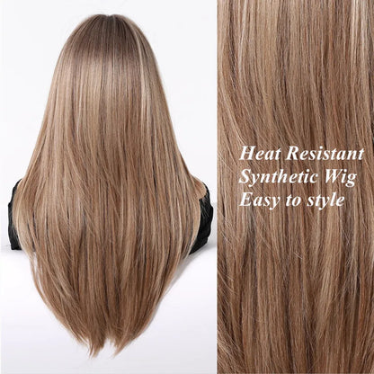 Chestnut Brown Synthetic Wig with Bangs Long Straight Wig Natural Layered Hair Smooth Soft Daily Wig Heat Resistant
