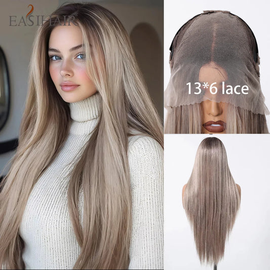 13*6 Lace Front Synthetic Wigs for Women 30 Inch Long Straight Blonde Platinum Wigs Natural Hairline Free Part Fiber