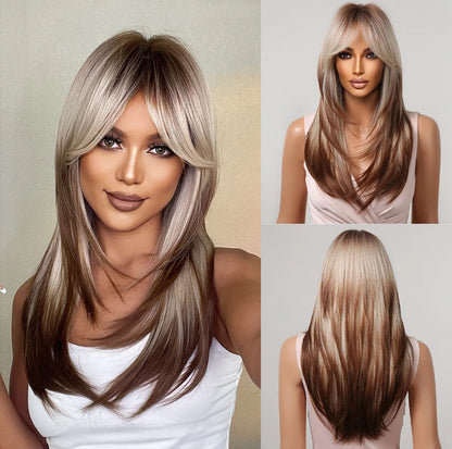 Chestnut Brown Synthetic Wig with Bangs Long Straight Wig Natural Layered Hair Smooth Soft Daily Wig Heat Resistant