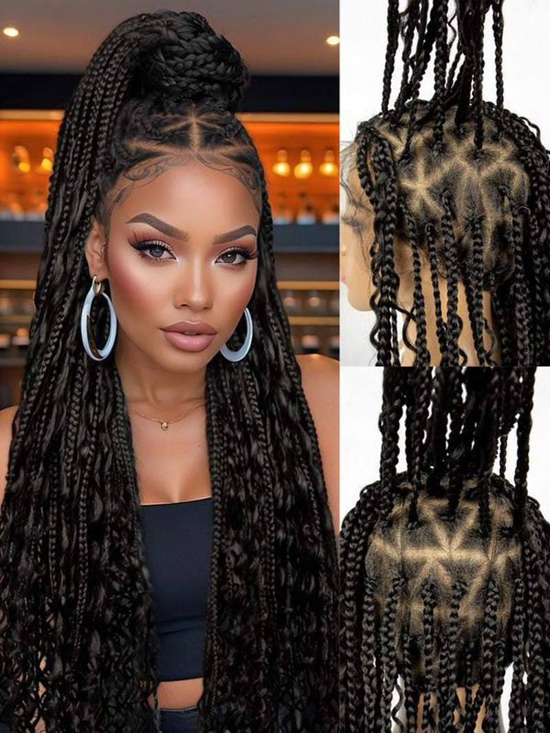 32 Inch Black Long synthetic Braided Lace Wigs for Women, Glueless Wigs