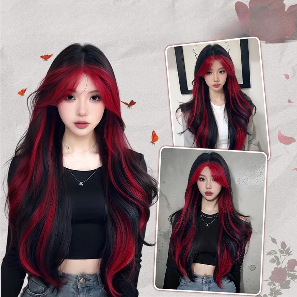 Black and Red Synthetic Fashion Highlight Cool Pull Wig - Hair Amara