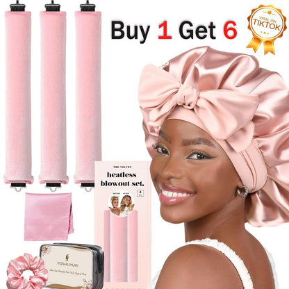 Velvet Heatless Curling Set – 4-Piece Flexi Rod Kit with Silk Nightcap (Unisex)