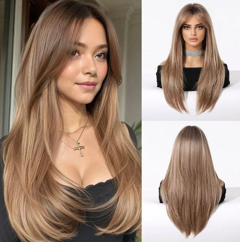 Chestnut Brown Straight Wig with Bangs – Heat Resistant