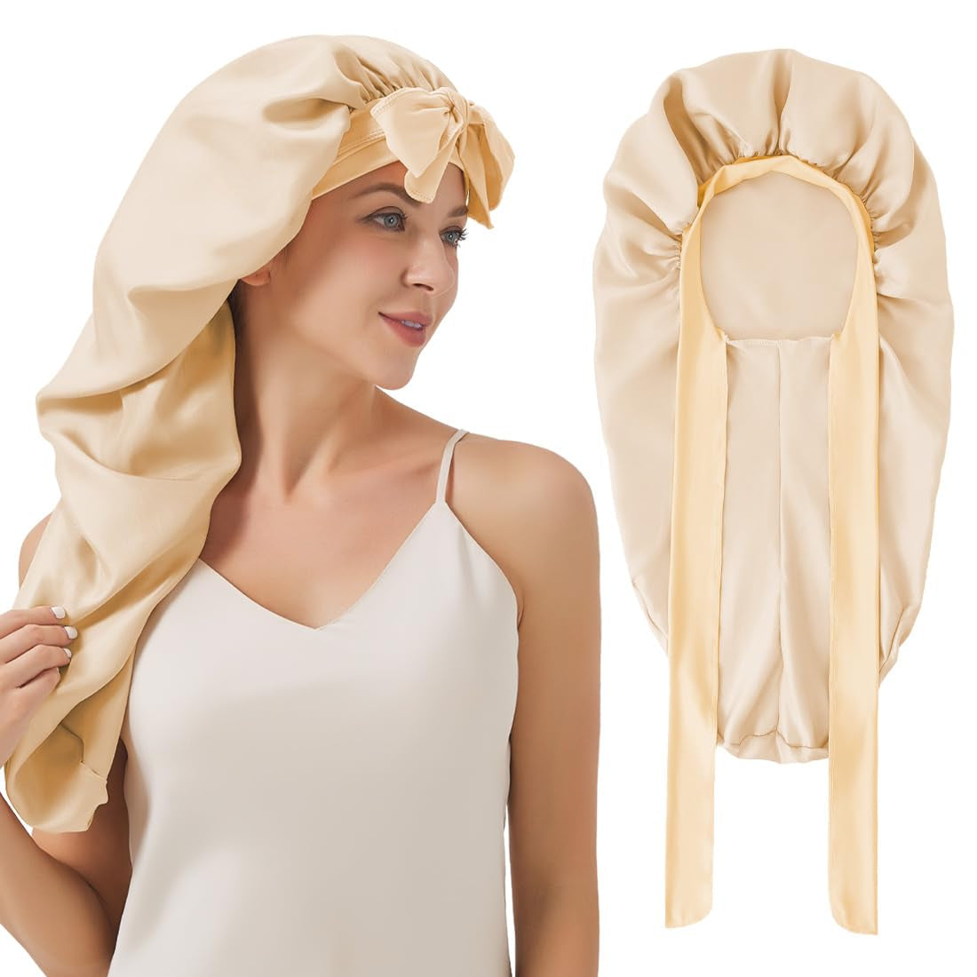Long Satin Bonnet for Sleeping, Satin Lined Braid Bonnet with Elastic Band, Adjustable Long Strap Bonnets for Women Braids Dreadlock Curly Hair(Black)