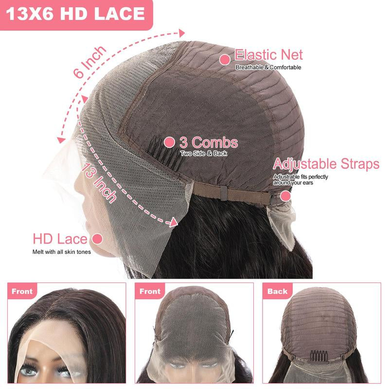  13X6 HD Transparent, Glueless Brazilian Body Wave Lace Frontal Wig Human Hair, 250% Density 12A,