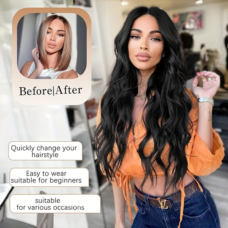 26 Inch Black Long Wave, Small Lace Heat-resistant Synthetic Wig