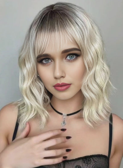 Stylish Synthetic Short Non-toxic Wig With Wave Head, With Bangs, Heat Resistant