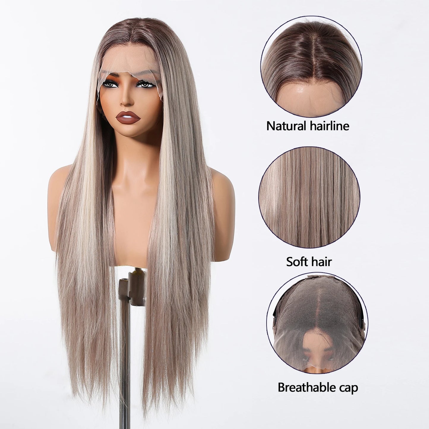 13*6 Lace Front 30 Inch Long Straight Blonde Platinum Wigs Natural Hairline Free Part Fiber