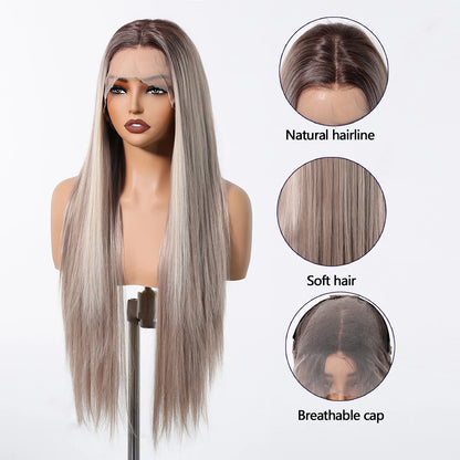 13*6 Lace Front 30 Inch Long Straight Blonde Platinum Wigs Natural Hairline Free Part Fiber