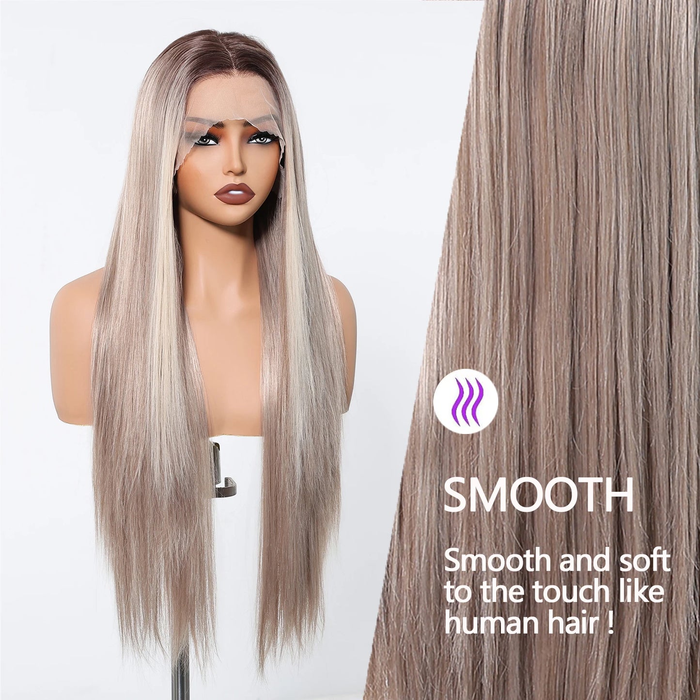 13*6 Lace Front 30 Inch Long Straight Blonde Platinum Wigs Natural Hairline Free Part Fiber