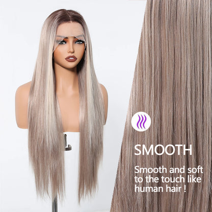 13*6 Lace Front 30 Inch Long Straight Blonde Platinum Wigs Natural Hairline Free Part Fiber