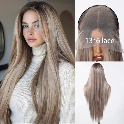 13*6 Lace Front 30 Inch Long Straight Blonde Platinum Wigs Natural Hairline Free Part Fiber